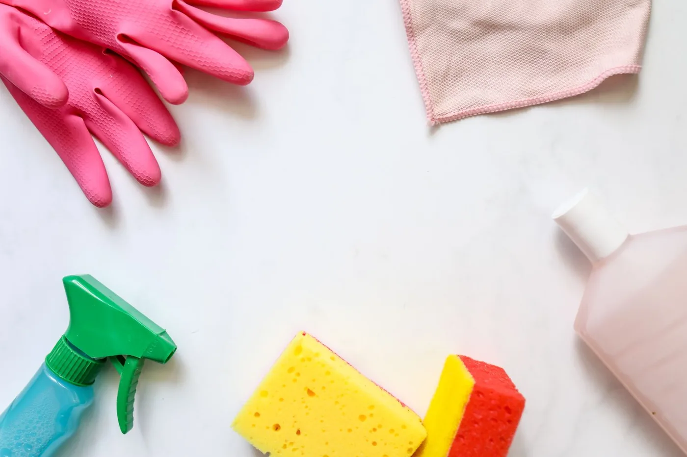 Cleaning cloths and supplies arranged for household chores
